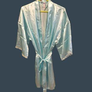 Lilac & London Light Blue Satin Kimono Robe W/Lace Trim Women's Size L NEW